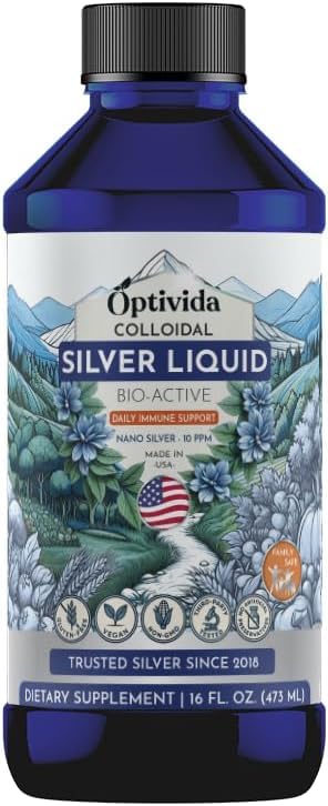 Optivida Health Colloidal Silver Liquid (16 Oz) - Premium Nano Silver Colloidal Supplement for Daily Wellness & Immune Support, Natural Liquid Silver Hydrosol for Adult & Kids, Non-GMO, Gluten- Free