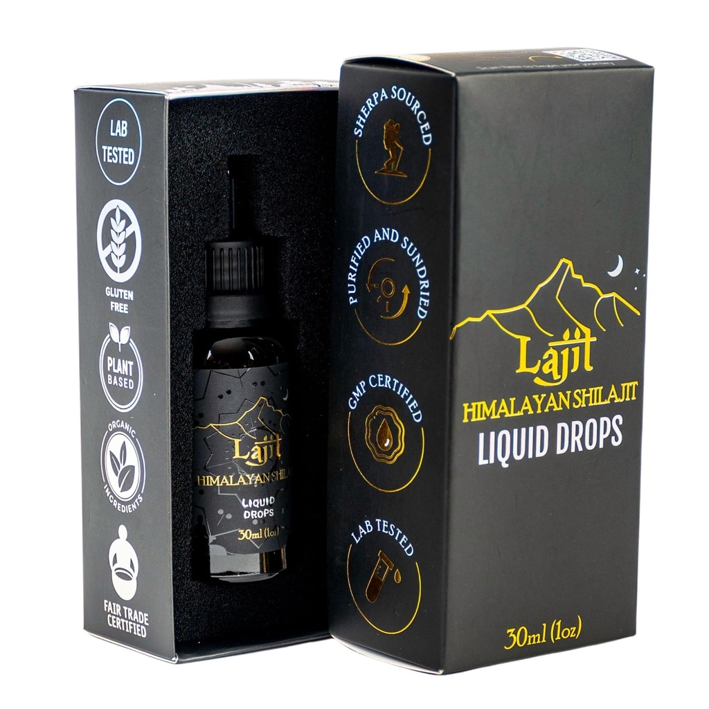 Lajit Gold Grade Himalayan Shilajit płynne krople - Organiczne, Suszone - Biodostępne składniki odżywcze - Kwas Fulvic, 85 + Minerały śladowe - Lab Tested for Men & Women - Natural Energy, Immunitet, Wzmocnienie - 30ml