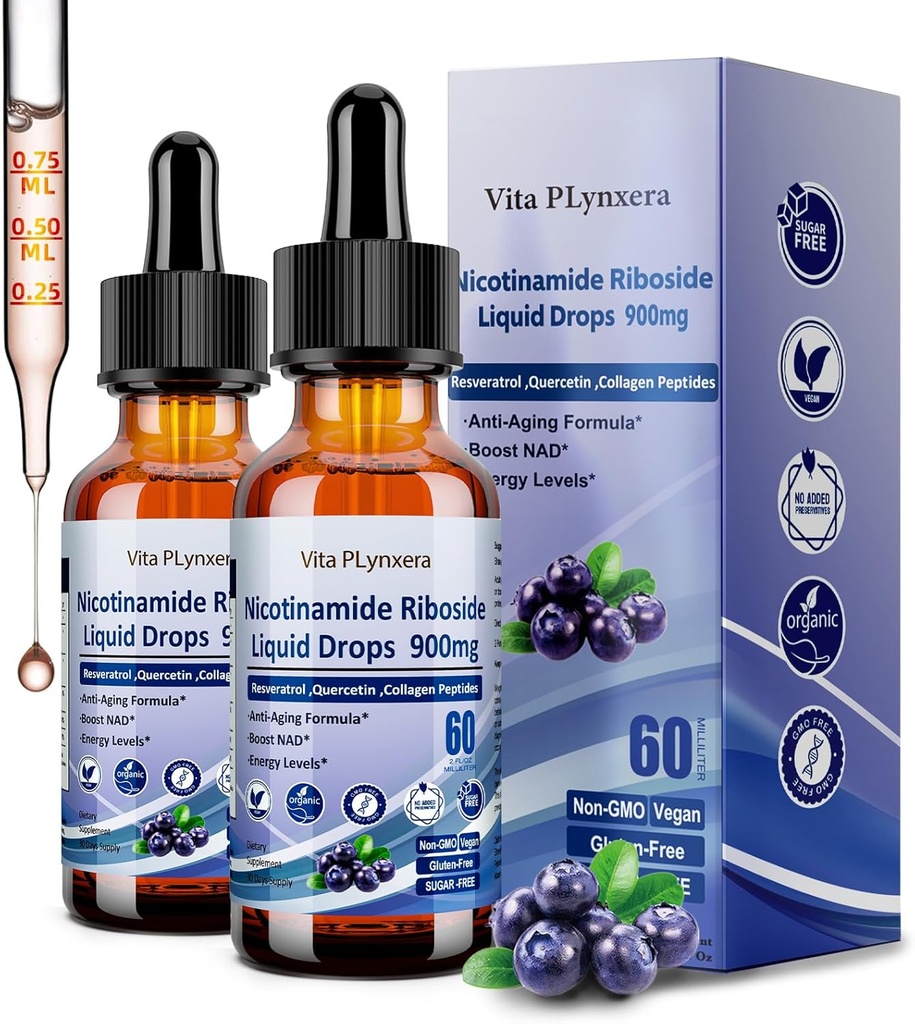 2 opakowania NAD Suplementy dla kobiet i mężczyzn, NAD Nikotynamid Ribozyd Resveratrol 900mg & Quercetin, Niacyna, Collagen, Biotin, Liquid NAD Plus Suplement NR900 Dla anty-starzejącej się energii skóry