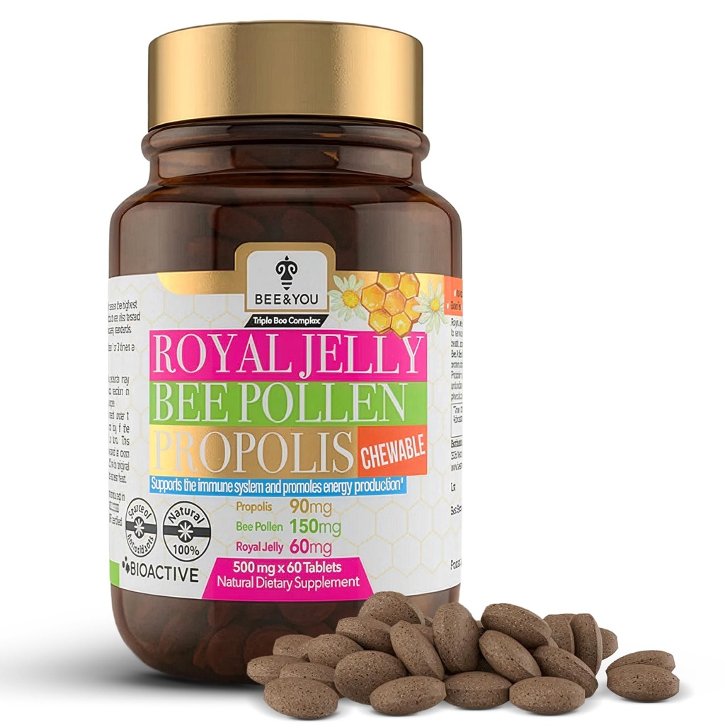 Bee and You Chewable Royal Jelly Tablets with Propolis Extract, Bee Pollen, Witaminy i Minerały, Codzienne wsparcie immunologiczne i energetyczne, Gluten Free, dla dzieci i dorosłych, 60 Count