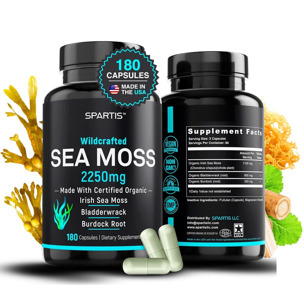 SPARTIS Certified Organic Sea Moss Capsules 2250mg Wildcrafted Irish Sea Moss Burdock Root Bladderwrack Supplement Raw Seamoss Pills & Powder (Pack of 1 at 180-Caps)