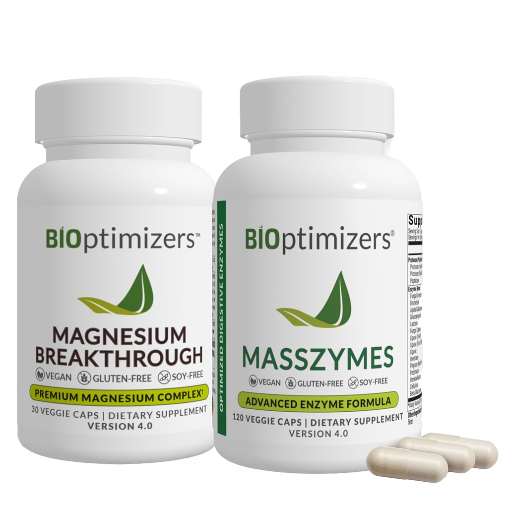 BiOptymalizatory Magnezu Breakthrough 4.0, (30 Kapsułek) & MassZymes 4.0, (120 Kapsułek) - Natural Sleep, Mózg, i suplement do wsparcia zdrowia