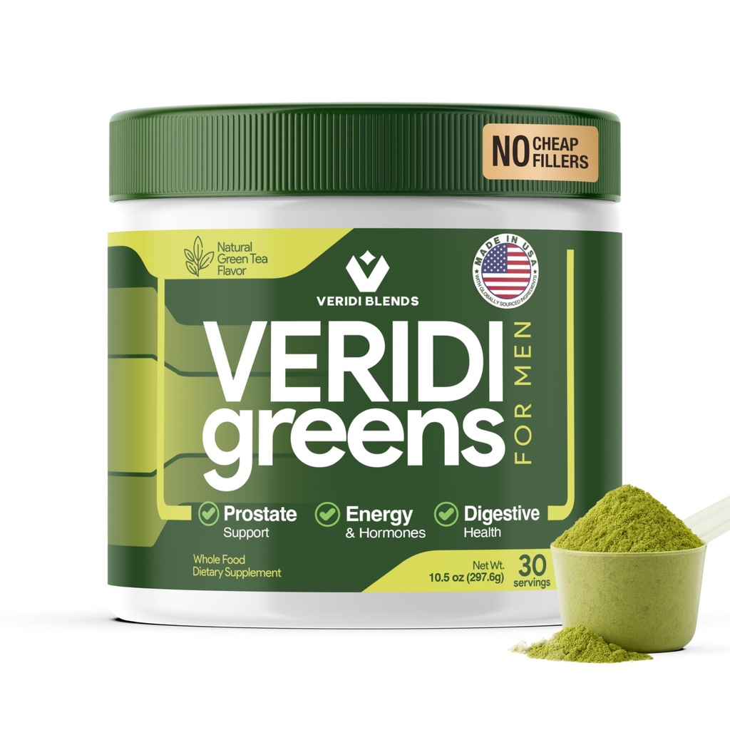 Veridi Zielone dla mężczyzn 40 + 124; Codzienne Superfood Zielone Proszek dla Prostate Health, Hormon & Wsparcie energetyczne 124; Premium USA Miesza się z Spirulina, Saw Palmetto, Cynk & Enzymy