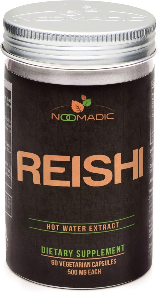 Noomadic Reishi Mushroom, 60 kapsułek, 500mg każdy, Ogólne Wellness & długowieczność, Ekstrakt gorącej wody, Fruiting Ciała, 30% Beta- D- Glukan