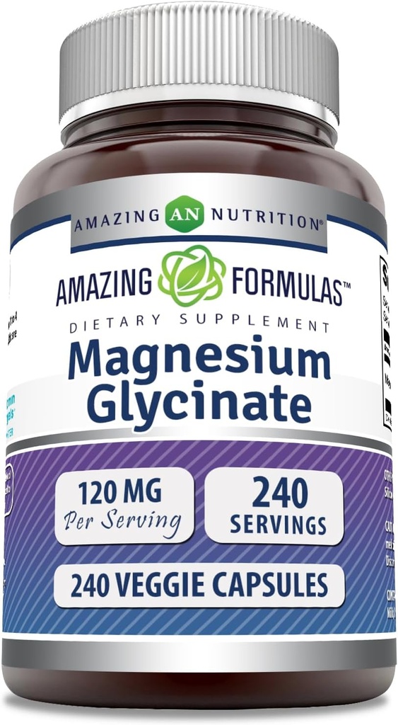 Amazing Formulas Magnesium (Glycinate) 120 mg Per Serving Supplement | Veggie Capsules | with Magnesium Glycinate | Non-GMO | Gluten Free (240 Count)