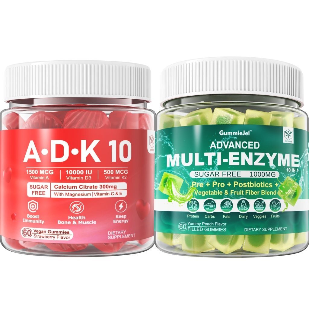 Żywność Enzymy Gummies 1000mg Chewable - Break Down Food Szybko, 90 Miliard CFU, Probiotyczne, Postbiotyczne, Prebiotyczne i Fiber Mieszanka & Witamina ADK Gummies + Suplement cynku magnezu wapnia