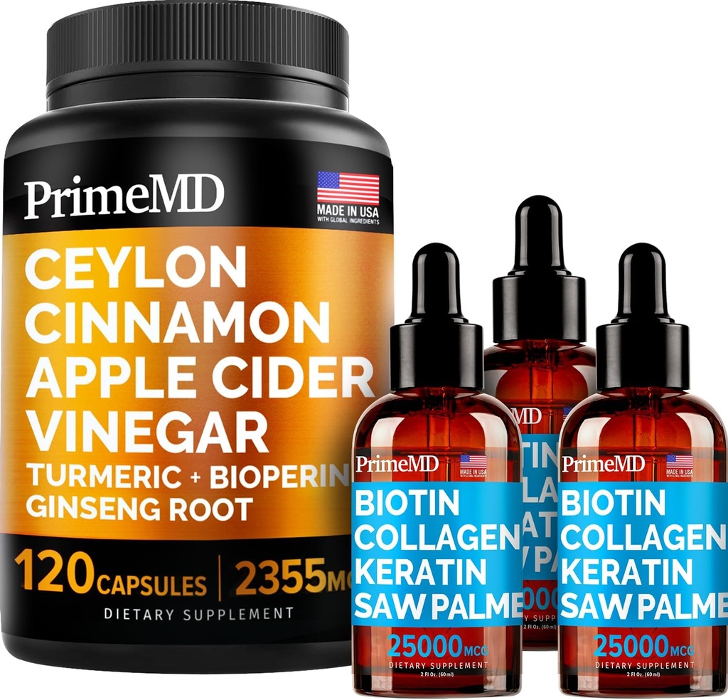 4- in-1 Liquid Biotin Colagen Keratin Saw Palmetto Drops (2 fl oz - 3 Pack) & 5- in-1 Ceylon Cynamon w Turmeric & Ginseng Root (120ct) Bundle - Włosy, Skóra, paznokcie, i suplement wsparcia immunologicznego
