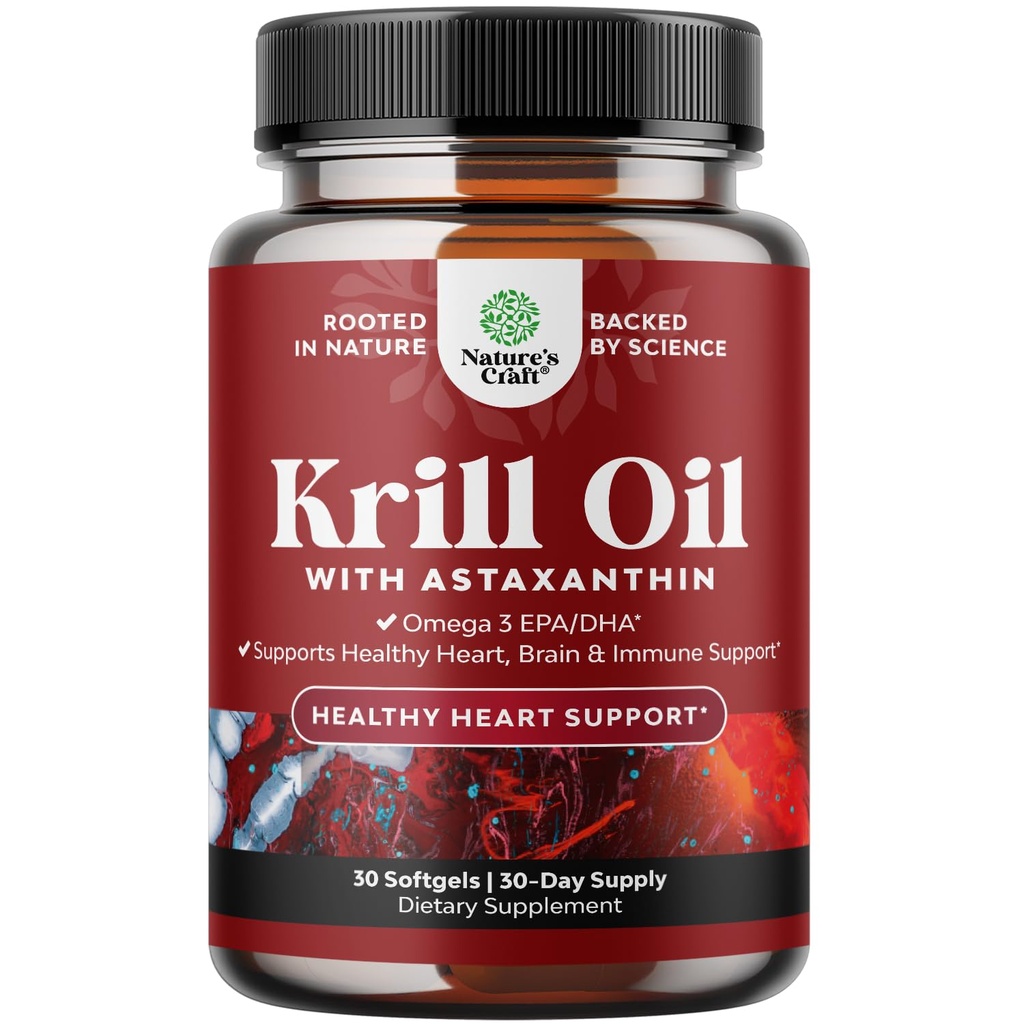 Kryl Omega 3 Fish Oil Softgels - skoncentrowany kryl EPA & DHA Fish Oil Omega 3 Suplement dla kobiet i mężczyzn do wsparcia immunologicznego, Zdrowy mózg i zdrowie serca - Suplement beztłuszczowych kwasów tłuszczowych - 30