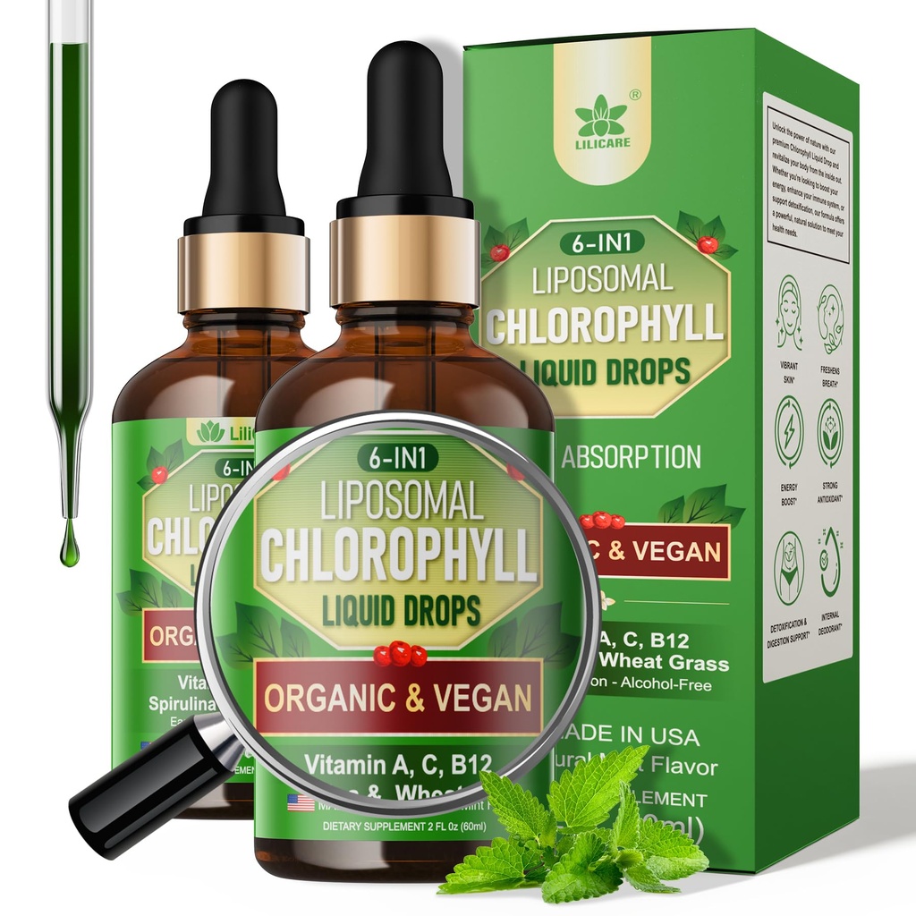 Chlorofil organiczny krople płynne Liposomal dla kobiet i mężczyzn, 6- in-1 Zielone Superfood Wegan Chlorofil w / Spirulina, Trawa pszenna, Witamina C B12 A dla dezodorantu wewnętrznego *, Energia, Digestive, 2Packs / 4 Fl Oz