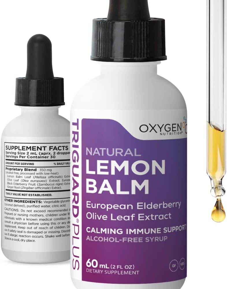 TriGuard Lemon Balm Plus - Wyciąg z balsamów cytrynowych, Elderberry, Olive Leaf Extract Tincture 2 fl oz 124; Do uspokajania, Relief stresowy, Wsparcie immunologiczne i zapaleń 124; Bez alkoholu, Non-GMO, Made in USA