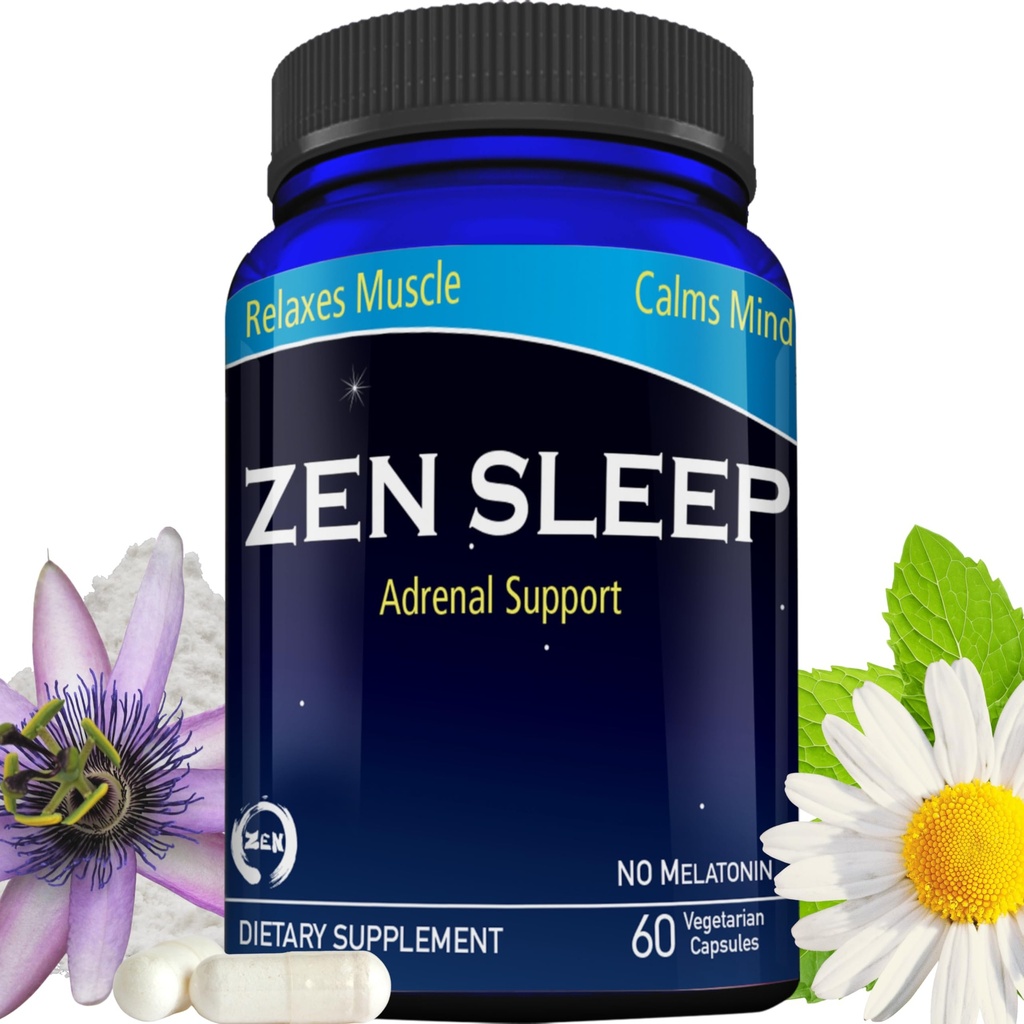 Zen Sleep Reg. Zawiera magnez i zioła organiczne; Rumianek, balsam cytrynowy, kwiat namiętności, No melatonin