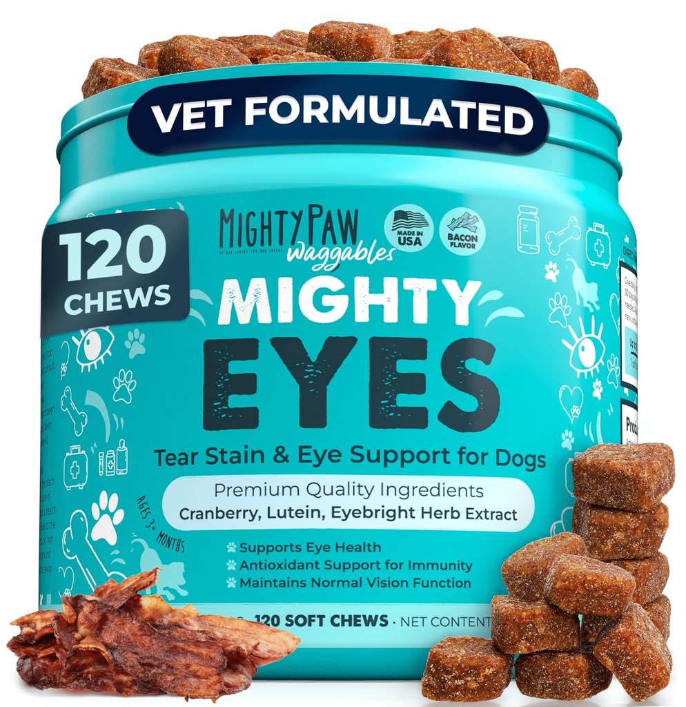 Mighty Paw Waggables Eyes (Made in USA) 124; Tear Plain Chews for Dogs. Vision and Tear Plain Support Supplements for Dogs. Suplement Lutein. Oczy smarowe, wsparcie immunologiczne (120 Ct)