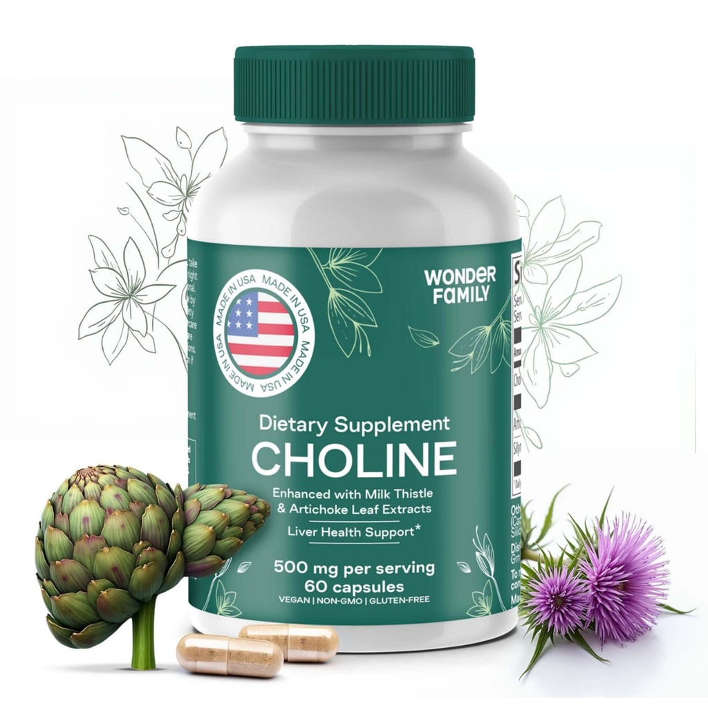 Choline Bitartrate 500MG - Premia Suplementy Choliny - Suplement wsparcia wątroby i suplementy pęcherzyka żółciowego - Colina Suplemento 500 mg Orgánica - Witamina Mózgu dla Pamięci i Focus - 60 Czapki Choliny