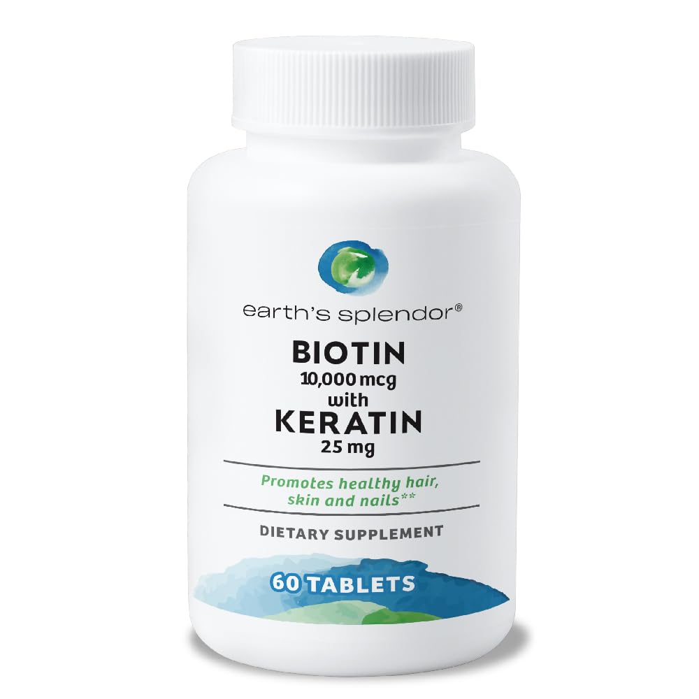 Ziemski splendor Biotin 10,000 µg + Keratyna 25mg, Promuje zdrowe włosy, silne paznokcie i wsparcie skóry, 60- Day Supply