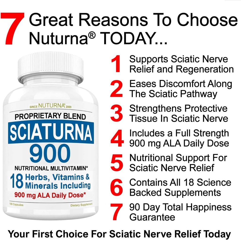 Sciatic Nerve Support Formuła z 900 mg kwasu lipoinowego Alpha - 18 w 1 Sciatica Nerve Suplement dla Dolnego Backa, Hip, Lumbar, Noga, Kurkumina Turmerowa - 180 Pigułki Made in USA