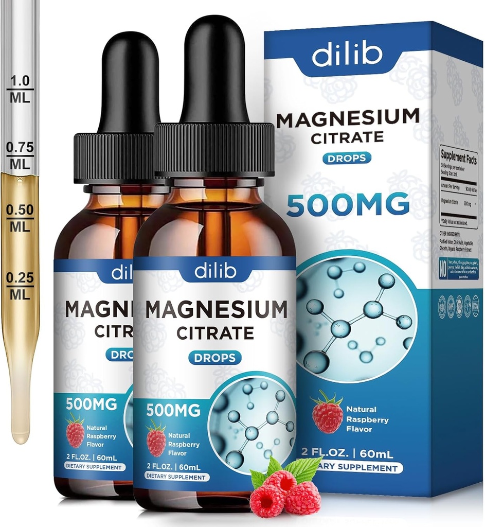 (2 opakowania) Magnezu Citrate Liquid Magnez Drops Supplement 500mg-Support Stress Relief, Kości, Mięśnie, Mood, Sleep- 4 Fl Oz, Wegan, Malina Flavor