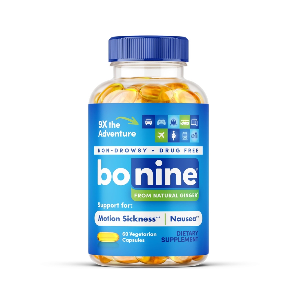 Bonine Ginger Root Extract Liquid Capsules - Non- Drowsy Motion Choroby Relief - 40 mg Ginger Supplement for Morning Choroby i Nudności Relief - Cruise Ship Essentials - 60 Kapsułki