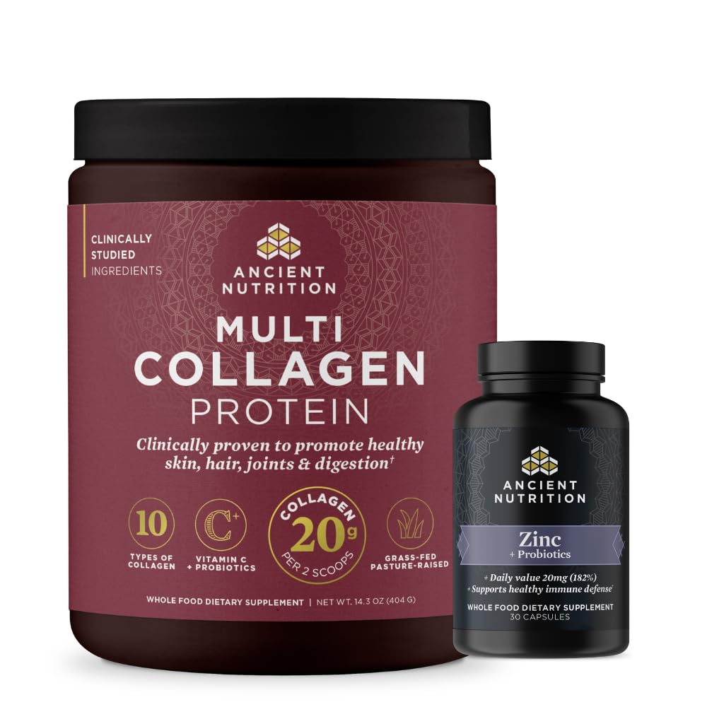Ancient Nutrition Kapsułki cynku, 30 Count + Multi Collagen Protein Powder, Unflavored, 40 Servings
