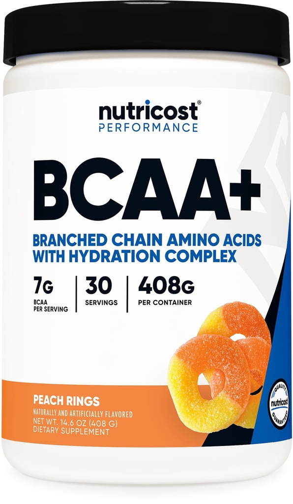 Nutricost BCAA + proszek do nawadniania (Pierścienie brzoskwiniowe) 30 Słupki - Acidy rozgałęzione z kompleksem nawadniającym - Bezglutenowe, Non-GMO