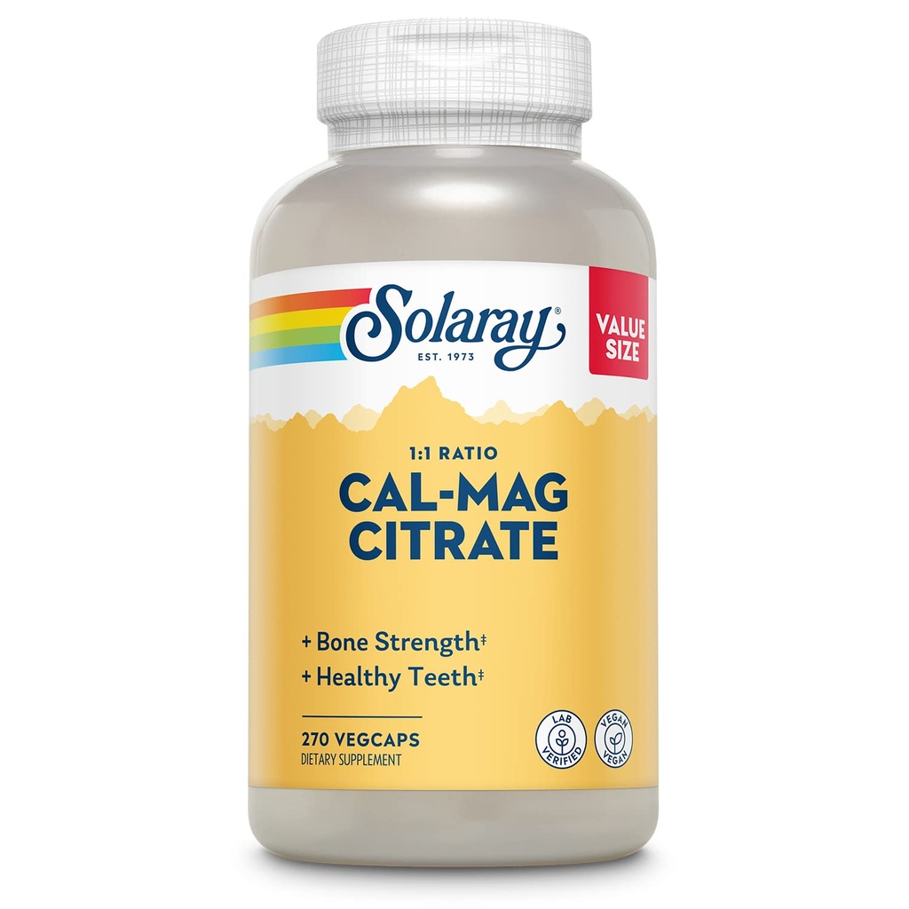 Solaray Wapnia Magnezu Cytrynian 1000mg 1: 1 Stosunek, Supplement siły kości, Mięśnie, Nerwy i kości Wsparcie zdrowia, Chelated for High Absorption, 60- Day Guarantee, 45 Służenie, 270 VegCaps