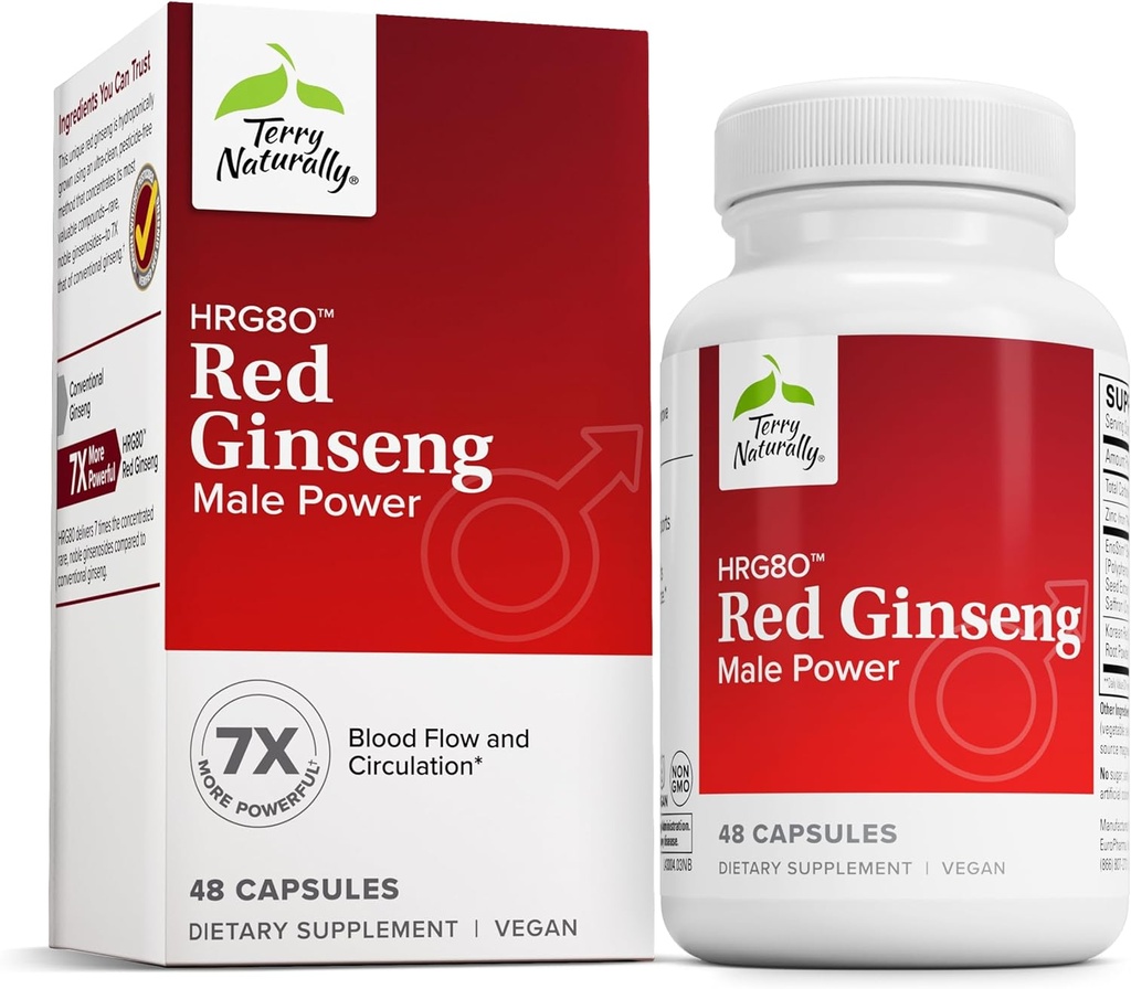 Terry Natural HRG80 Red Ginseng męska moc - krążenie krwi & Endurance Supplement - Suplement diety z Ginseng & Cynk - Suplement ziołowy do wsparcia energetycznego - 48 Kapsułki