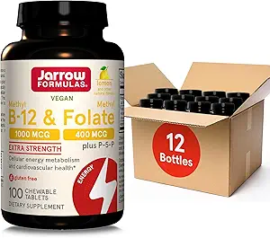 Jarrow Fixas Metyl B- 12 1000MCG & Metyl Folate 400MCG, Dodatkowa siła, Metabolizm energii komórkowej i Formuła zdrowia układu sercowo-naczyniowego (1) Z P- 5- P, 100Tab do żucia, Do 100 Day Suppl, 12Packs