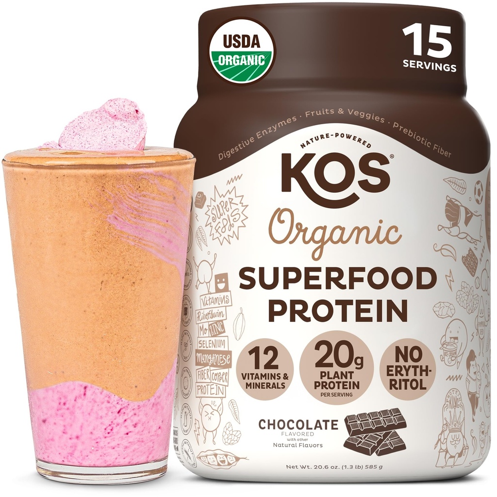 KOS Plant Protein Based Powder, Czekolada USDA Organic - Niskie mieszanka białka Pea Carb, Wegan Superfood z witamin i minerałów - Keto, Soy, Dairy Free - Meal Replacement for Women & Men - 15 Służenia