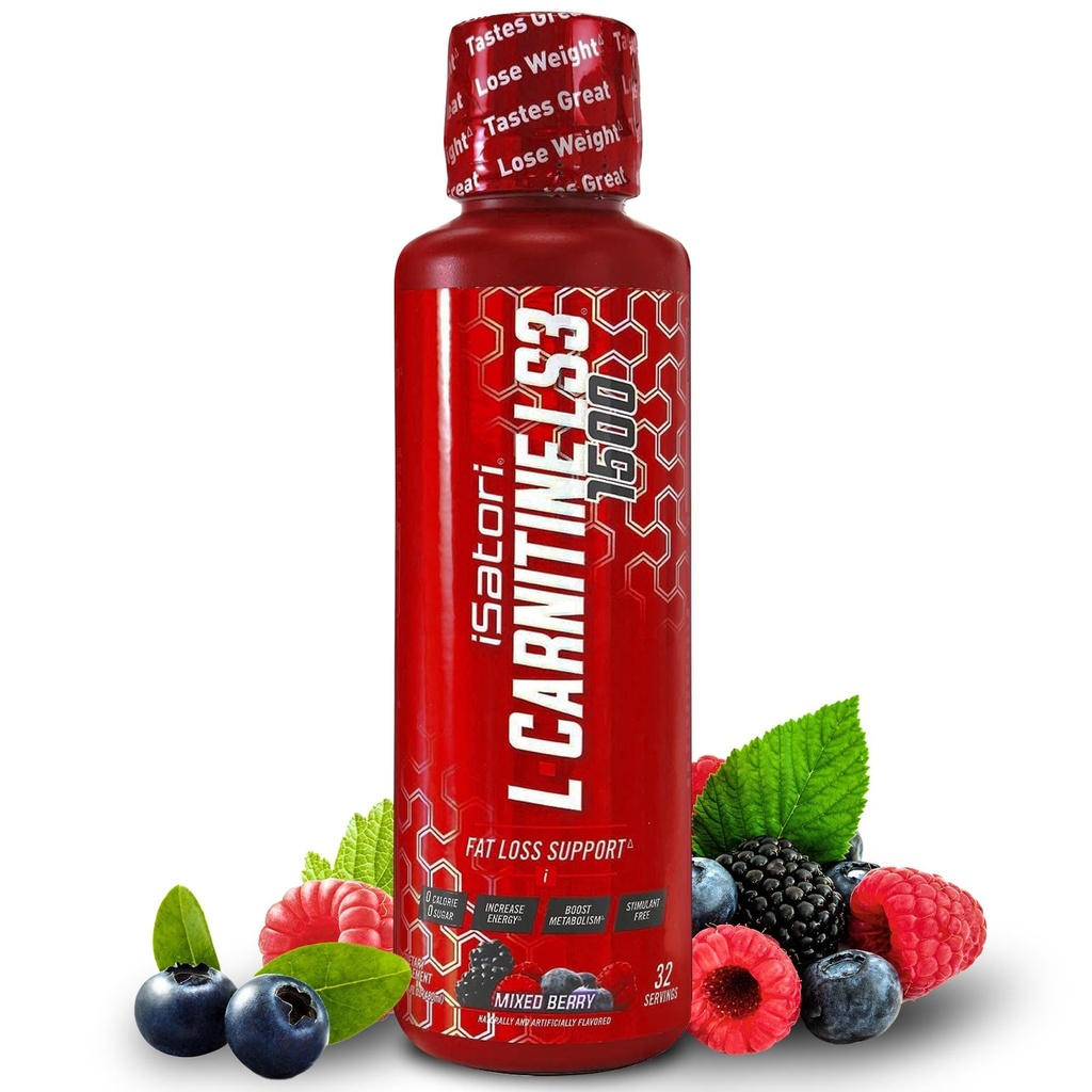 ISatori L- Carnitine LS3 1500, Triple- Mieszanka płynna L Karnityna Suplement, z acetylo & winian, Stymulant wolny, niskie kalorie, Cukier & Gluten wolny, Keto- Friendly, Mieszany aromat Berry (32 Służenie)