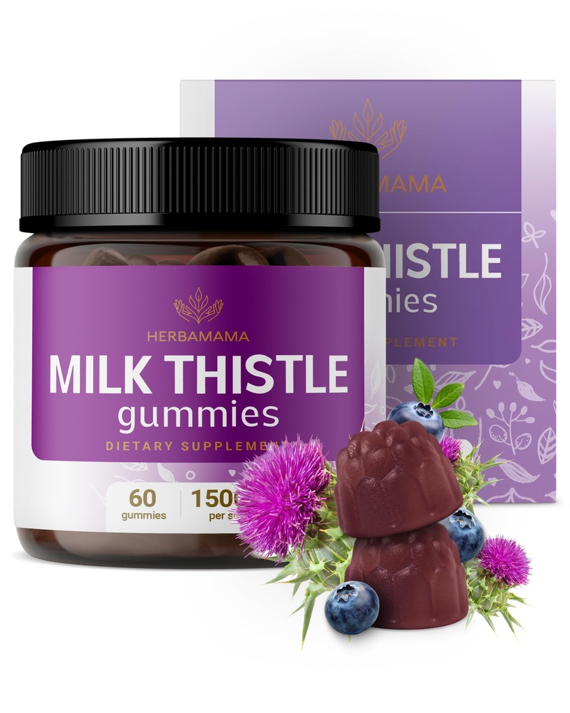 Suplement do mleka HERBAMAMA - 1500mg Gummies z ziaren mleka do czyszczenia wątroby - Wegańskie, niemodyfikowane genetycznie wsparcie dla wątroby z Silybum Marianum - 60 Pectin- Based Blueberry- Flavored Chews