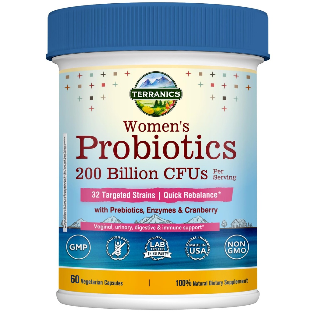 Probiotyki Terranics Daily dla kobiet, 200 Billion 32 Szczepy Kobiet Probiotyki, z żurawinem, Prebiotyki i Enzymy, Rebalance Vaginal Flora & pH, Opóźnione Release, Szafka Stabilny, 60 Wegan Czapki