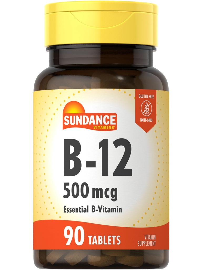 Sundance Witamina B- 12 Bilans 124; 500µg Bilans 124; 90 Tabletki wegetariańskie 124; Esencjalny Suplement Witaminy Bilans 124; Nie-GMO i Gluten Free Formuła