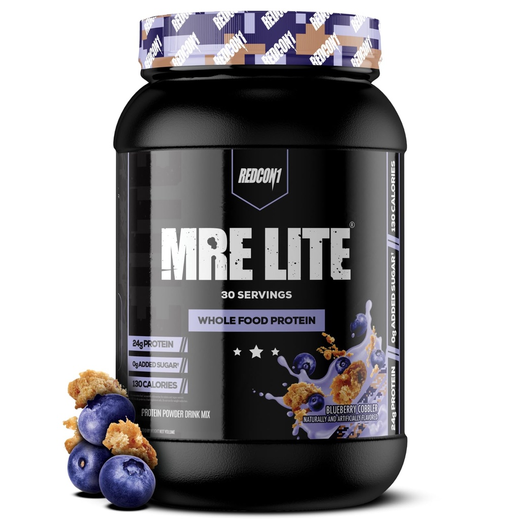 REDCON1 MRE Lite Whole Food Protein Powder, Blueberry Cobbler - Low Carb & Serwatka Free Meal Replacement with Animal Protein blends - Łatwy w użyciu suplement Made with MCT Oils (30 Servings)