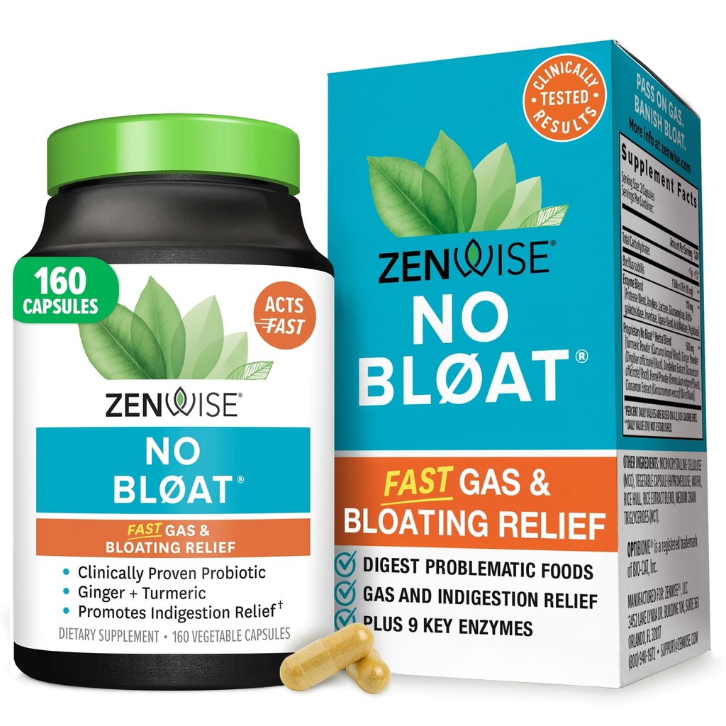 Zenwise Health No Bloat Digestive Enzymes for Gut Health, Gas & Bloating Relief - Multi Enzymes Digestion Supplement with Probiotics, Ginger, Turmeric Dandelion & Lactase - Mężczyźni i kobiety - 160 Count