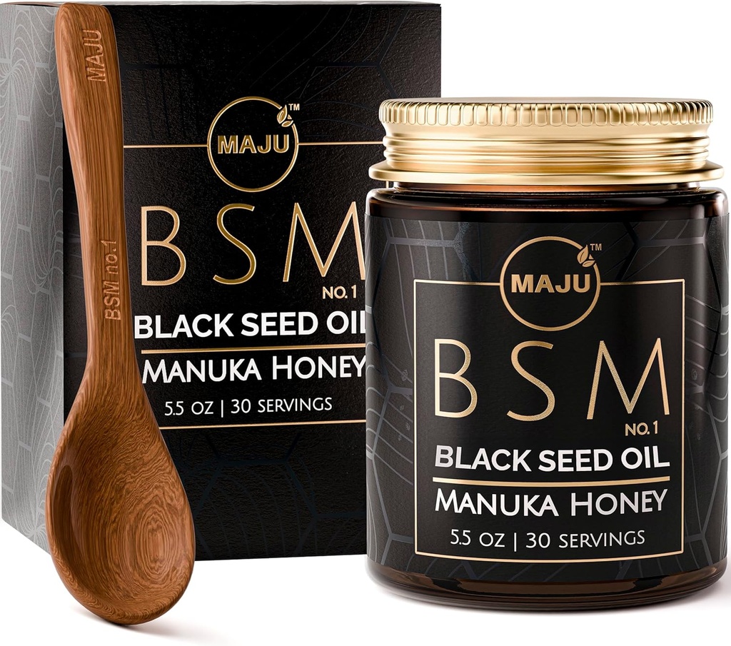MAJU 's 3- in-1 Black Seed Oil, Manuka Honey & Seeds (Traditional Style) BSM no. 1, Sweet & Crunchy Herbal Blend, Nigella Sativa Oil and Seeds, Unpasteurized & Raw Monosloral Manuka Honey Nowa Zelandia