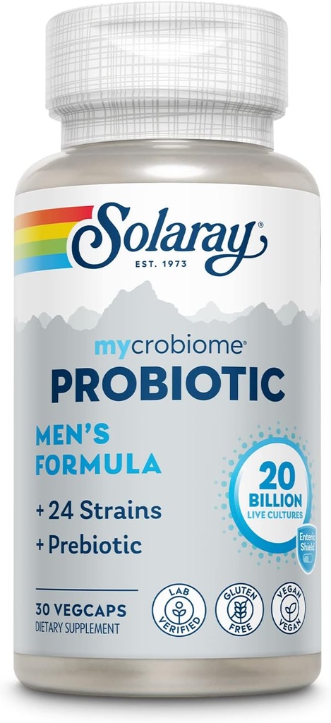 SOLARAY Mycrobiome Probiotic Men 's Formula, Probiotyki dla mężczyzn, Gut Health, Trawienie, Immune Function & More, 20 Miliard CFU Mens Probiotic, 24 Szczepy Plus Prebiotyczne, 30 Sługi, 30 VegCaps