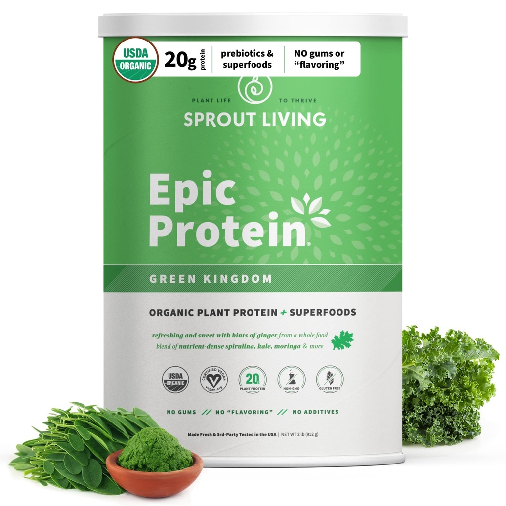 Proso Żywe Epickie Białko, Białko roślinne i Superfoods Proszek, Zielone Królestwo 124; 20 Grams Organic Protein Powder, Zielony, Wegan, Non Dairy, Non-GMO, Gluten Free, niski cukier (2 Funt, 24 Służenie)