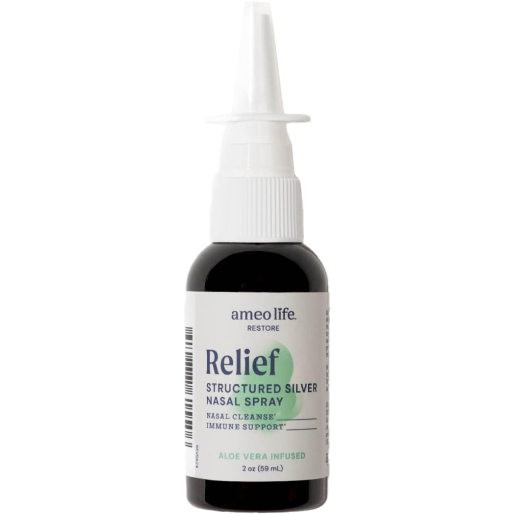 Ameo Life Aloe- Infused Colloidal Silver Nasal Spray 24 PPM - Rozpylacz do nosa z naturalnych składników dla łagodzenia zatorów nosowych, zatok, mucus, i podrażnienie - do codziennego użytku (2 oz)