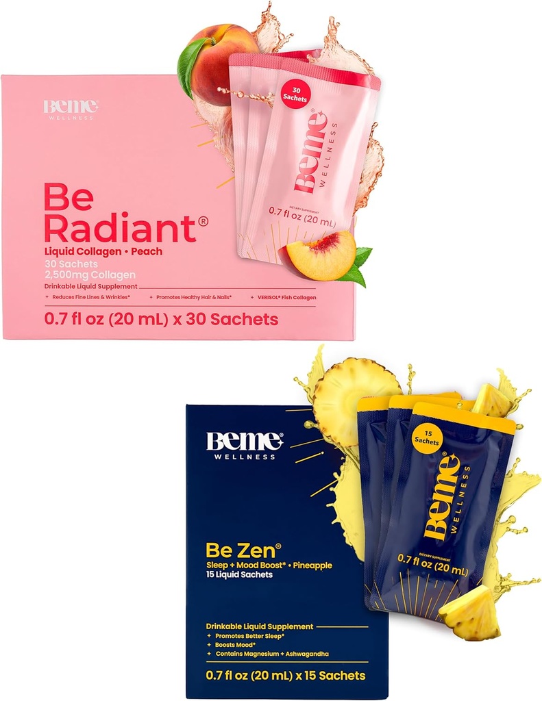 BeMe BeRadiant Peach & BeZen Bundle - Liquid Collagen & Magnezu Glycinate L- Theanine Suplementy