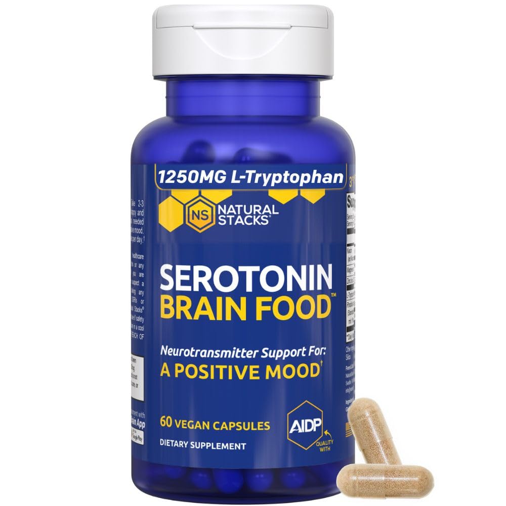 Serotonin Brain Food - 1250mg L- Tryptofan & 400mg Rhodiola Rosea Supplement - Suplement do wsparcia nastrojów - Neuroprzekaźnik Wsparcie z Magnezu Glycinate & Cynk - 60 Kapsułki