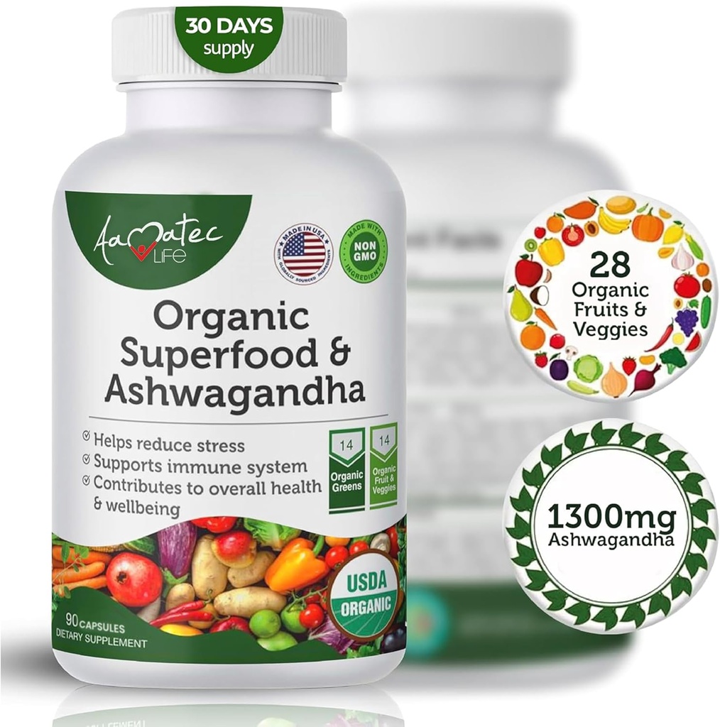 Organic Superfood Zielone Owoce i warzywa Kompleks z Ashwagandha