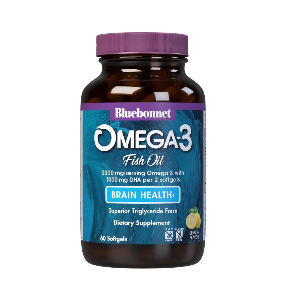 Bluebonnet Nutrition Omega-3 Mózg Formula Natural Wild Caught Trigliceryde Form DHA 860 mg EPA 120 mg - Wysoko skoncentrowane Cognitive Health & Wellness Supplement - Gluten- Free - 60 Softgels