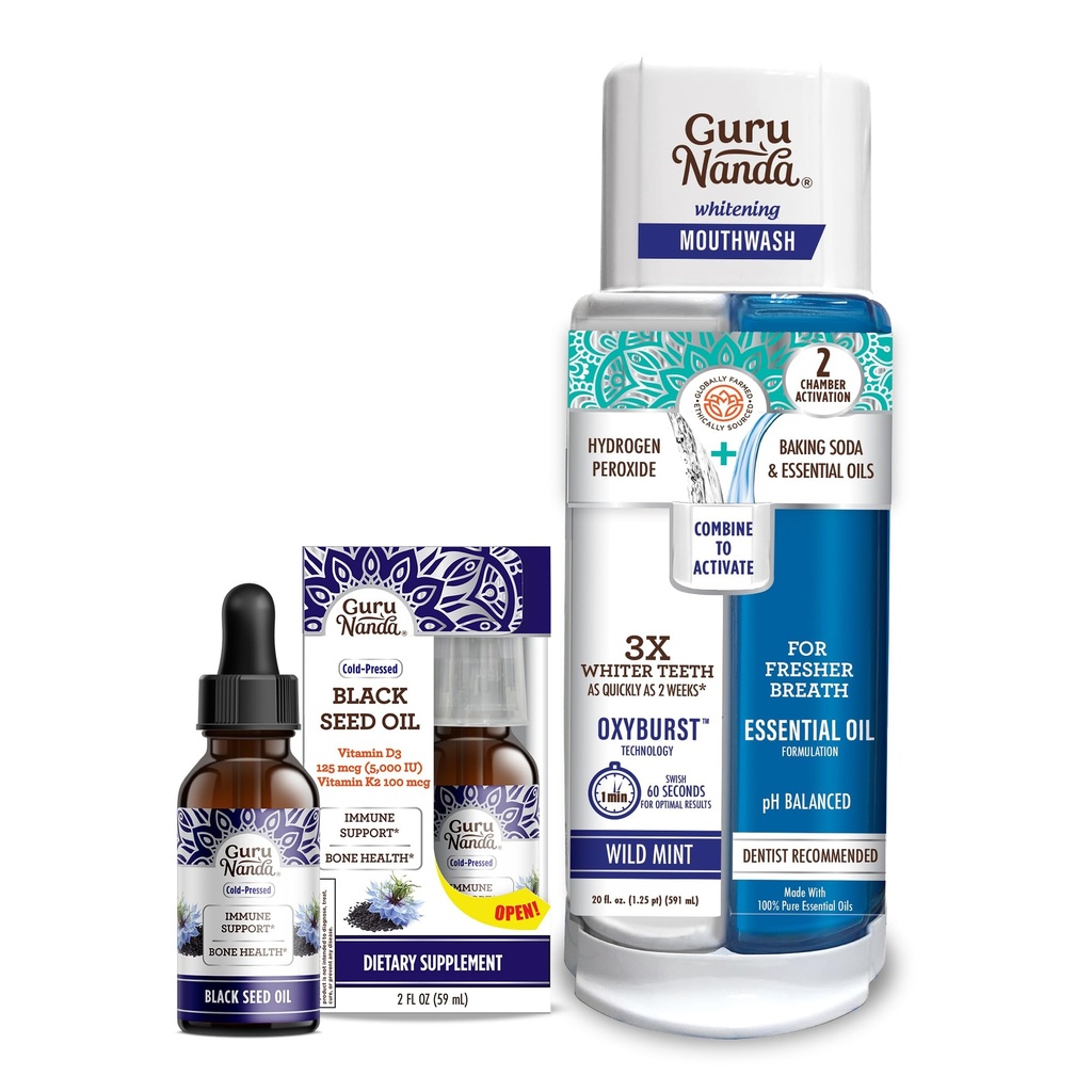 GuruNanda Black Seed Oil, Cold- Pressed Nigella Sativa - Bogaty w witaminy D3 5000 Jednostek, K2 & E & Dual Barrel Oxyburst wybielanie płynu do ust - Zawiera nadtlenek wodoru