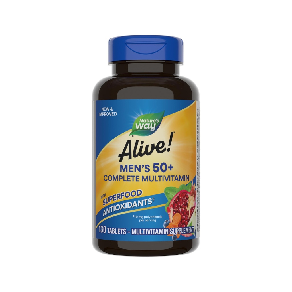 Nature 's Way Alive! Mężczyźni 50 + Kompletna Multivitamina, Wspiera wiele systemów ciała *, Wspiera energię komórkową *, Wysoka moc witaminy B- Witaminy, Bez glutenu, 130 Tabletki (Opakowanie może Vary)