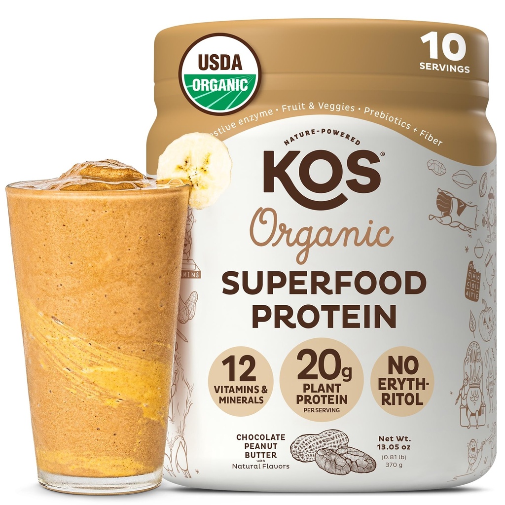 KOS Vegan Protein Powder, Czekoladowy Masło orzechowe - Niski mieszanka białka grochu, USDA Organic Superfood z witamin i minerałów - Keto, Soy, Nabiał Wolny - Meal Replacement for Women & Men - 10 Służenie