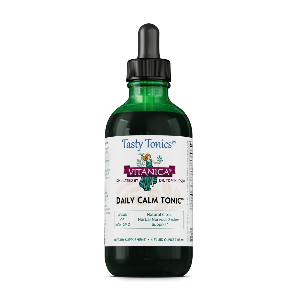 Vitanica Daily Calm Tonic, Natural Liquid Relief Supplement, Dr. Formated, Organic Lemon Balm, Kava Kava i kwiat namiętności, dla kobiet, mężczyzn i dorosłych, Wegan, 4 unce (Daily Calm Tonic)