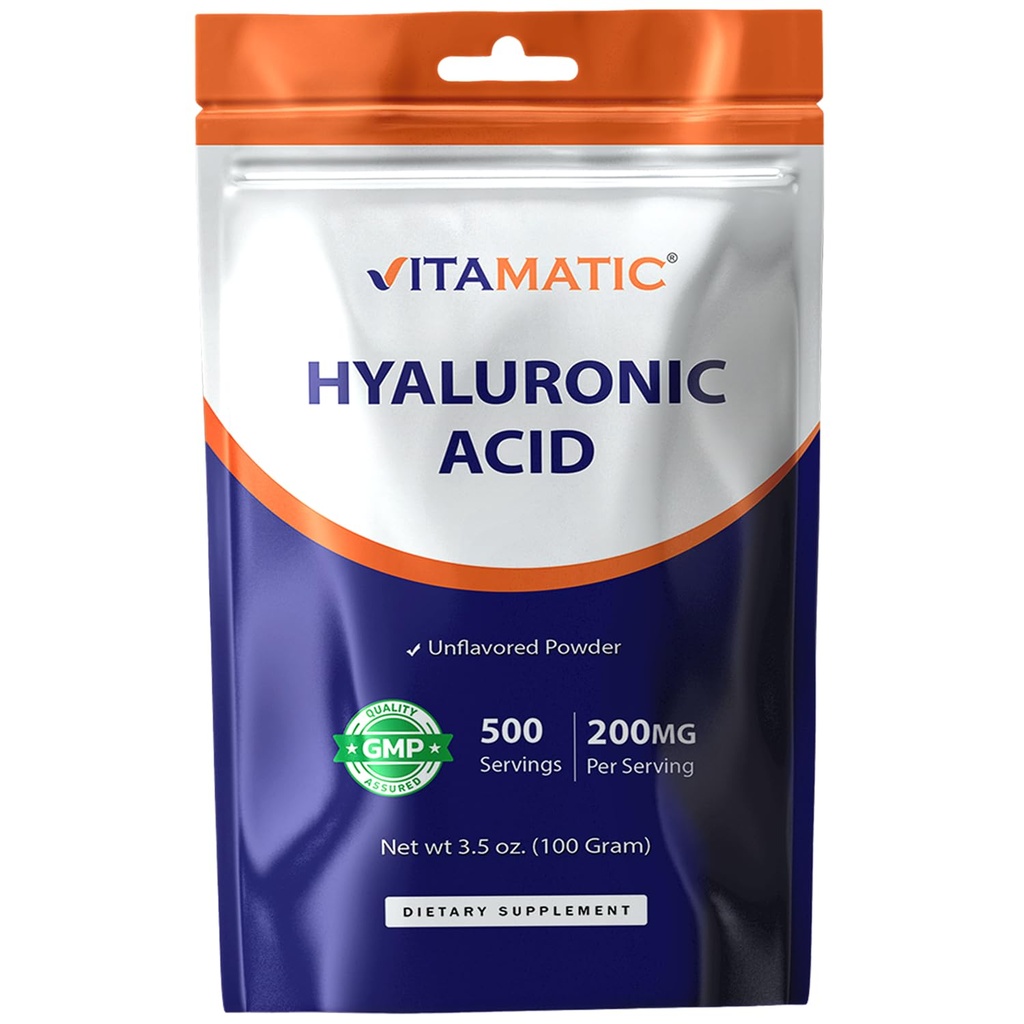 Vitamatic Hyaluronic Acid Powder 200mg - Wspiera zdrowe połączenie tkanek i połączeń - Promowanie młodzieńczej zdrowej skóry - 100 Gram