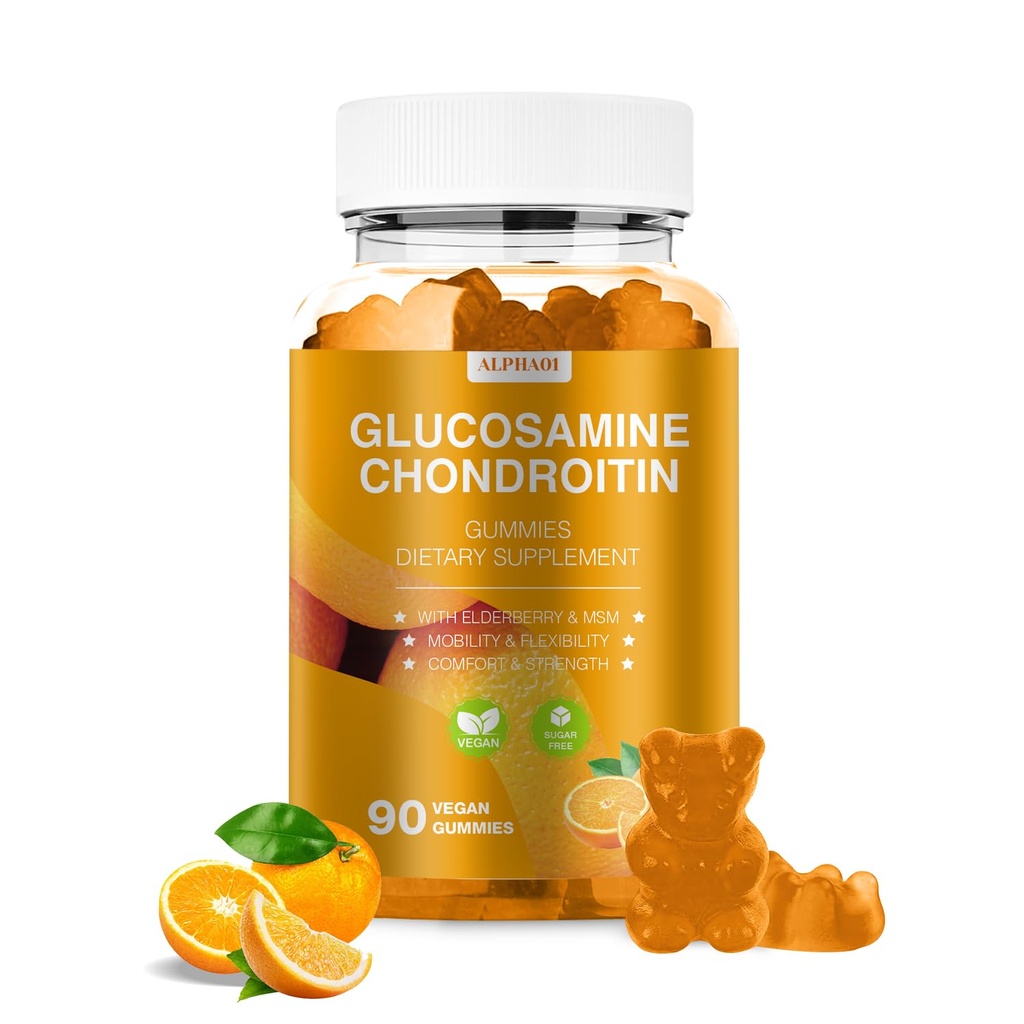 Glukozamina Gummies Chondroitin - 3000MG Dodatkowa siła Joint Support Supplement with MSM & Elderberry, Elastyczność, Gummy przeciwutleniające immunologiczne dla dorosłych, Mężczyźni i Kobiety - 90 Pomarańczowych Gummies