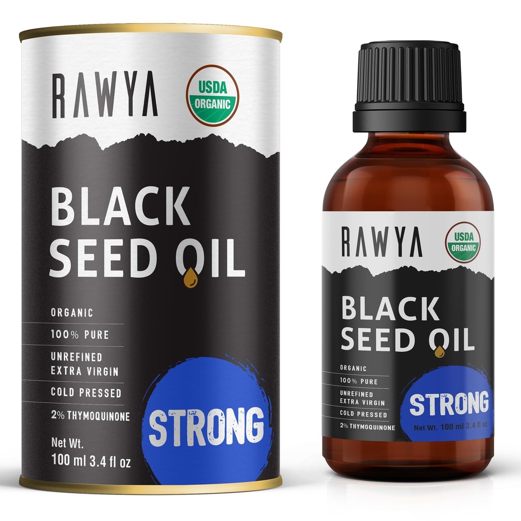 RAWYA Black Seed Oil - Extra Strong Taste, High TQ, Cold Pressed, Butelka szklana, Nigella Sativa Oil, Great for Skin & Hair Care, Black Cmin Seed, Kalonji, 100% Certified Organic - 3.4 Fl Oz,