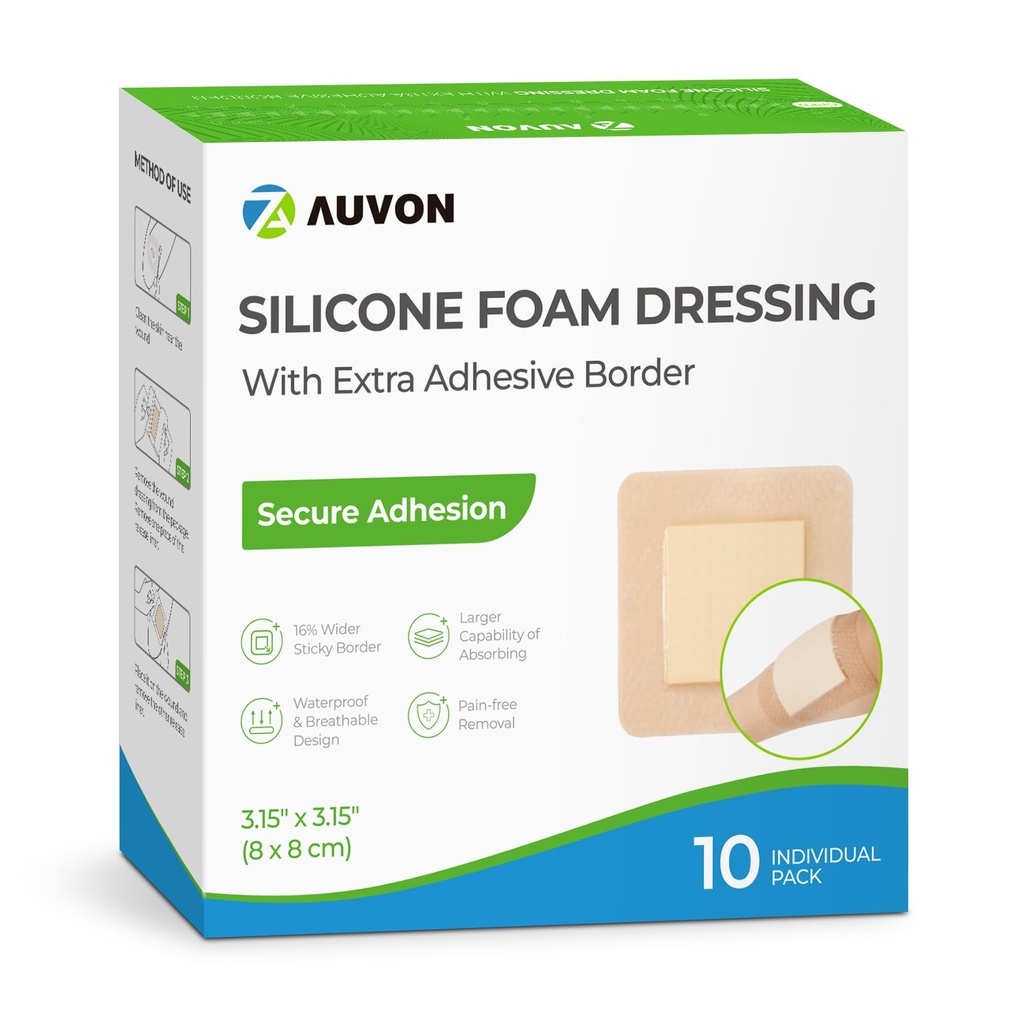 AUVON Silicone Foam Dressing z dużą przylegającą granicą, 3 "x 3" 10 opakowań opatrunków opatrunkowych z wysoką absorbcją, wodoodporny Silikon Foam Pads for Wound Care & Protection Plus Cushioning