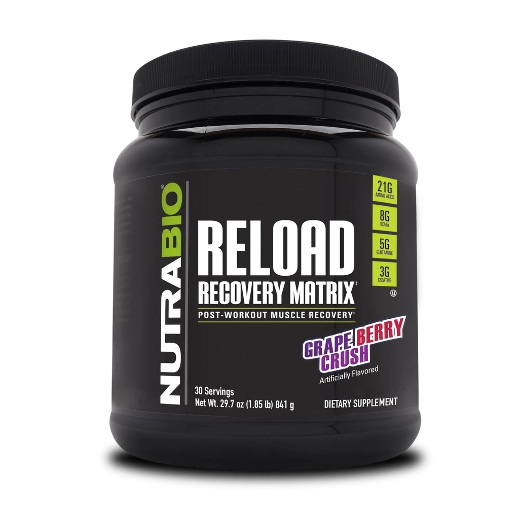 NutraBio Reload - Potężna formuła regeneracji mięśni - Post- Workout Supplement - 3G Creapine - 8G BCAA - 5G Glutamine - 30 Servings, Grape Berry Crush